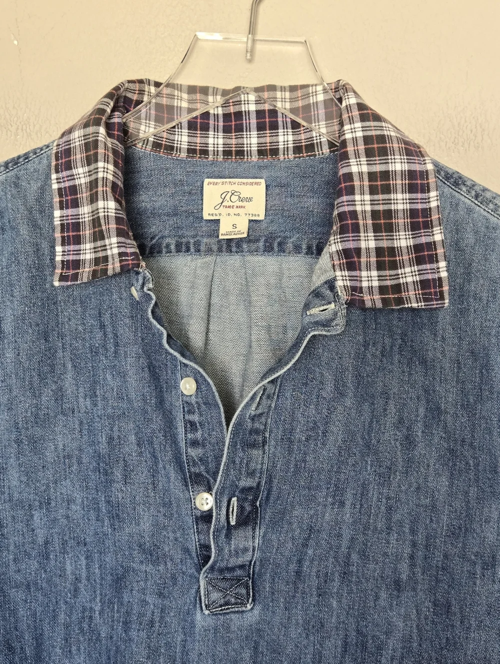 J. Crew Men’s Blue Denim Rugby Long-Sleeve Shirt with Plaid Collar Preppy Size S
